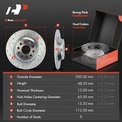 A-Premium 11.81 inch (300mm) Rear Drilled and Slotted Disc Brake Rotors + Cerami