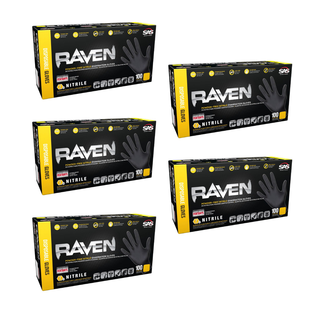 SAS Raven Black Nitrile Gloves Powder Free 7mil BUNDLE OF 5 (100 Gloves/Box) XL