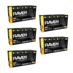 SAS Raven Black Nitrile Gloves Powder Free 7mil BUNDLE OF 5 (100 Gloves/Box) XL