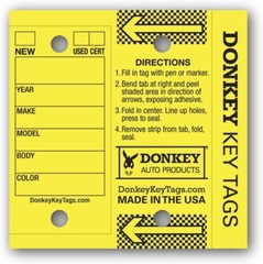 Donkey Key Tags, Laminated Self-Protecting (250 Tags Per Box with Metal Rings) (