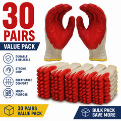 30 Pairs Work Gloves Latex Coated Grip Safety Gloves Free Size Bulk Pack