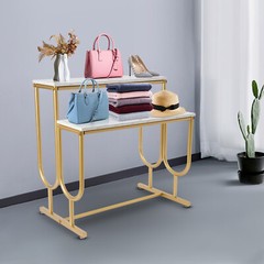 Modern Shoe Handbag Display Table, 2 Tiers Heavy Duty Display Stands White Gold