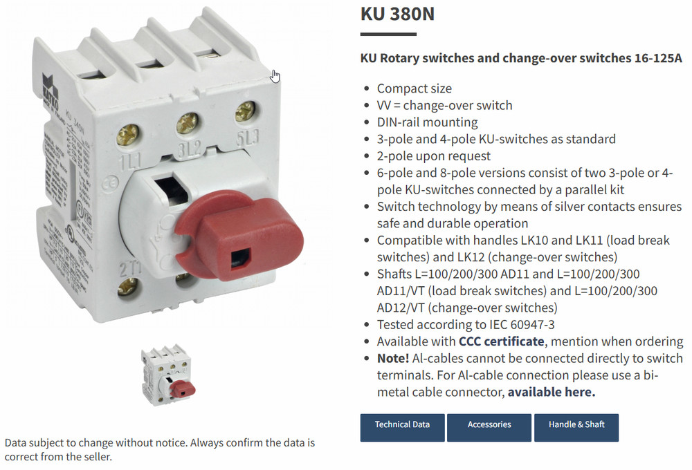 KATKO KU 380N 3‑Pole 80 A Rotary Load Break Switch DIN‑Rail UL/CE NEW
