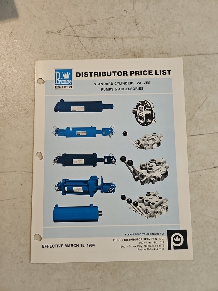 Vintage 1984 Prince Hydraulics Cylinders Pumps Valves Distributor Price List