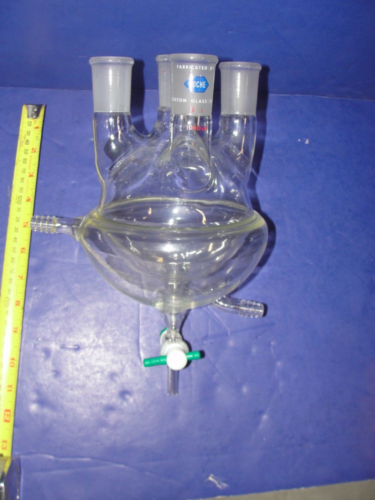 Roche Custom 1000ml RBF 4 neck 29/42 half jacketed reactor reaction flask drain