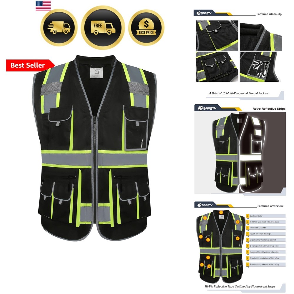 10 Pockets Hi-Vis Zipper Front Black Safety Vest | Cushioned Collar | High Re…