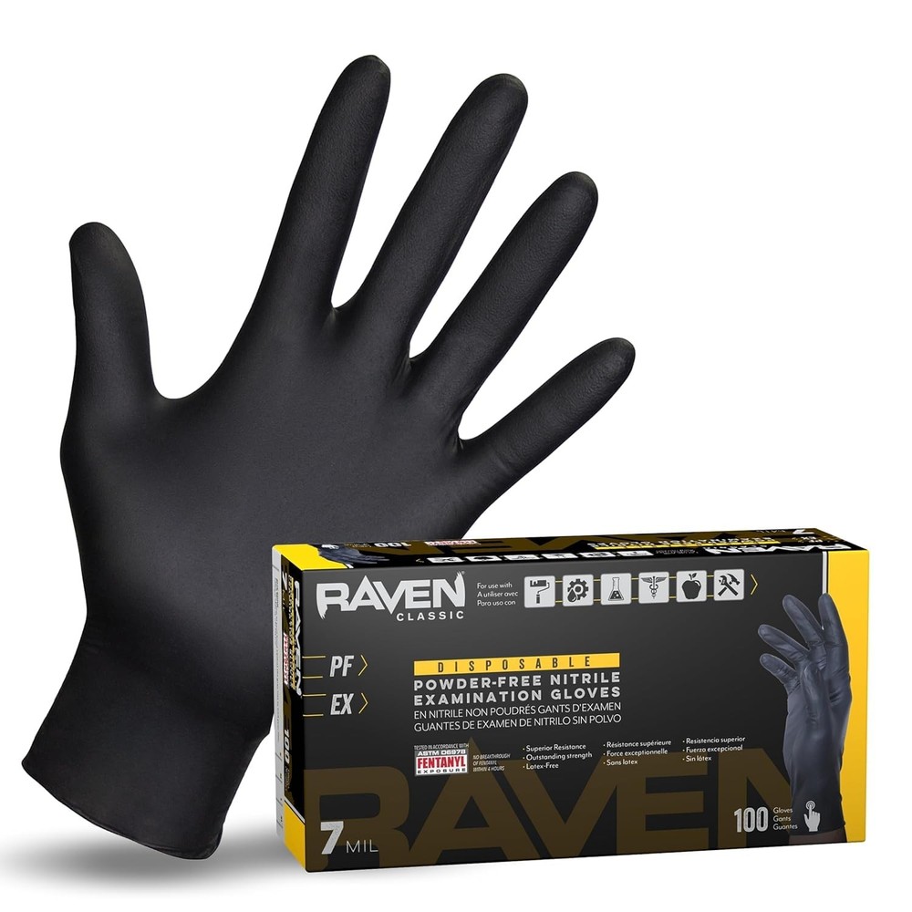 Raven Powder Free Nitrile Disposable Gloves 7 Mil – XL Latex Free, Chemical +…