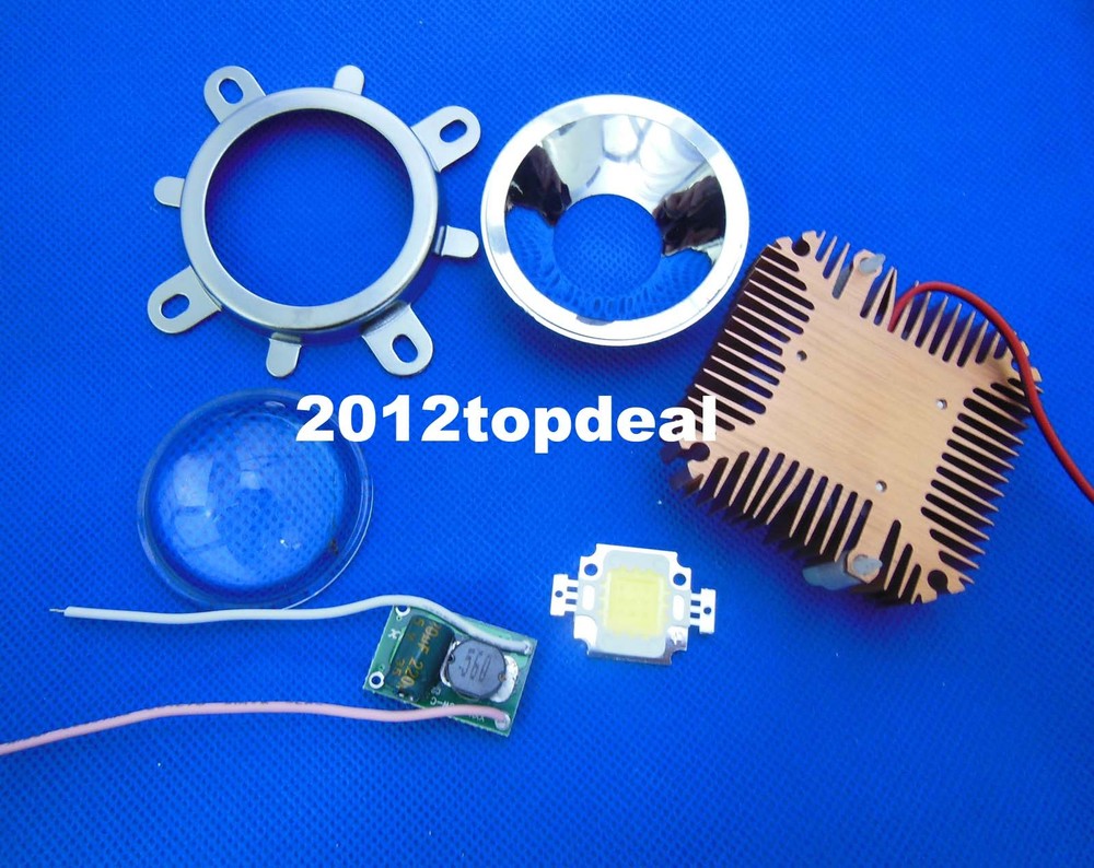 1pcs 10W Cool White High Power LED + 10Watt Driver + 44mm Lens+10w Heatsink DIY
