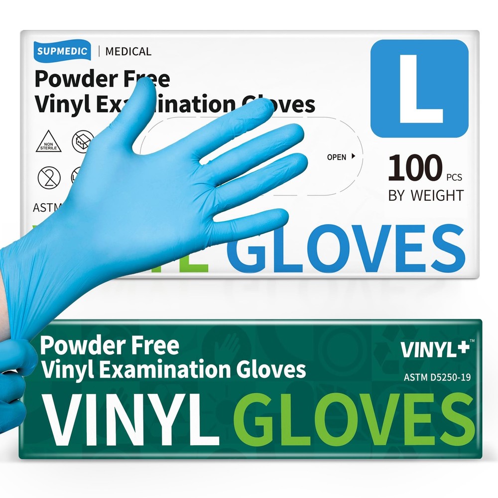 Supmedic Vinyl Disposable Exam Gloves, 4 Mil Large, 100 Large (Blue)