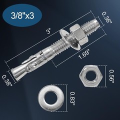 3/8″x 3″ Concrete Anchor Bolts,5PCS 304 Stainless Steel Wedge Anchors Heavy-Duty