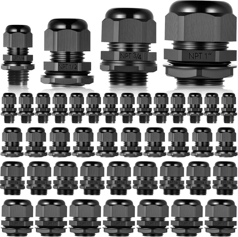 Relaxweex 50 Pcs 1/4″ 1/2″ 3/4″ 1″ NPT Black Nylon Cable Gland, Waterproof IP68