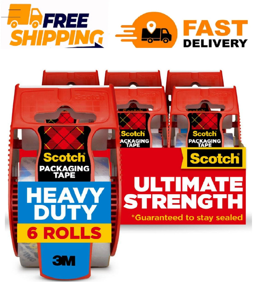 Heavy Duty Shipping Packing Tape 1.88″ x 22.2 Yd, 6 Rolls with Dispensers