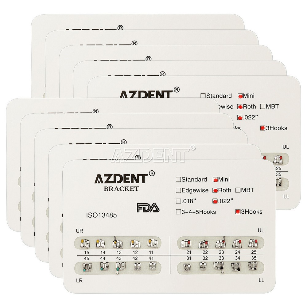 10 Packs Brackets Metálicos de Ortodoncia Dental Mini Roth .022 Ganchos 3 AZDENT