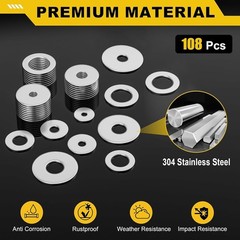 108Pcs 304 Stainless Steel Flat Washers, Fender Washers Assortment Kit 12 Sizes