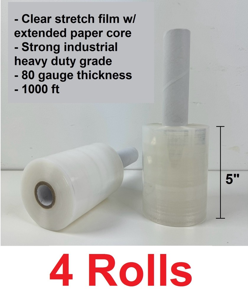 4 Rolls 5″x1000′ Heavy Duty 80ga mini stretch plastic wrap film w/ paper handle