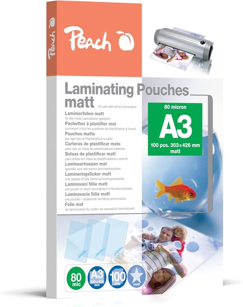 Peach S-PP580-15 Laminating Film A3-80 mic 100 Pouches Matt Writeable Premium Qu