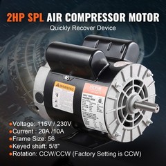 VEVOR 2HP Air Compressor Motor 115/230V 20/10A 3450RPM 56 Frame CW/CCW Rotation