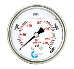 2.5″ LIQUID FILLED PRESSURE GAUGE 0 – 4000 PSI, STAINLESS STEEL CASE BACK MOUNT