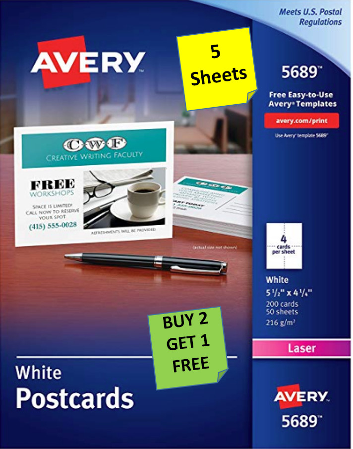 [5 Sheets] Avery 5689 White Postcards 5 1/2 x 4 1/4 LASER B2G1