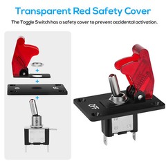 LED Lighted Toggle Switch with Aircraft Guard Safety Flip Cover 12V DC 20A SPST