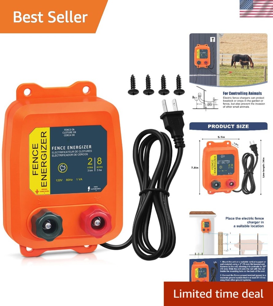 Easy Plug-In Electric Fence Charger – 2-Mile , Ideal for Livestock Safety