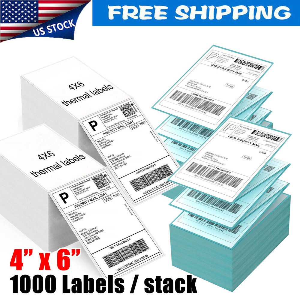 1000 4″ x 6″ Fanfold Direct Thermal Shipping Labels for Zebra & Rollo Printers