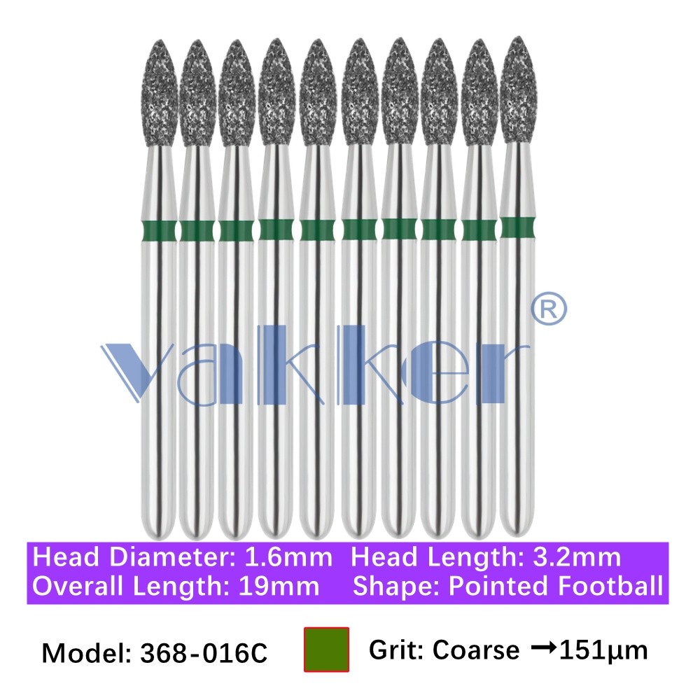 10PC Dental 368-016C FG Diamond Burs Coarse Grit Pointed Football Friction Grip