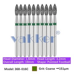 10PC Dental 368-016C FG Diamond Burs Coarse Grit Pointed Football Friction Grip