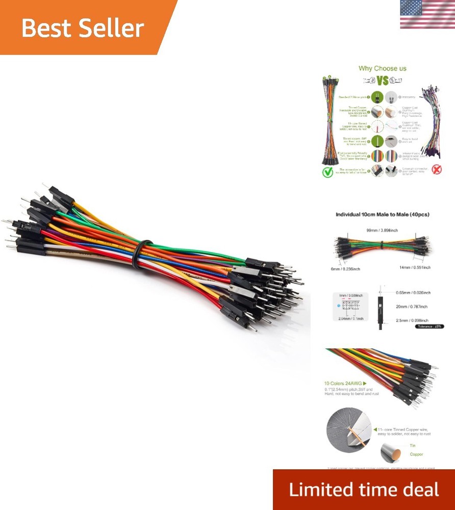 40pcs 10cm Male to Male Tinned Copper Jumper Wires for Arduino & Raspberry Pi