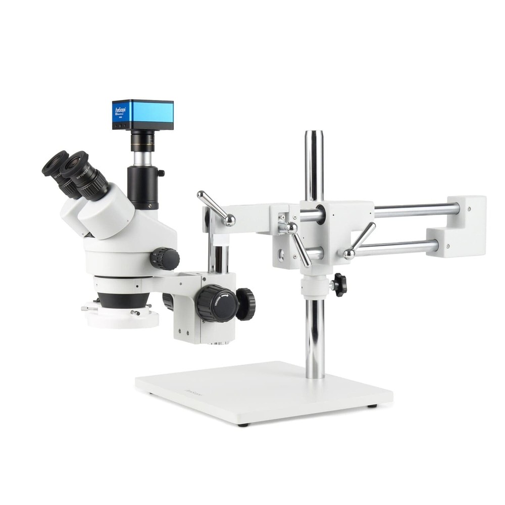 AmScope 7X-45X Trinocular Stereo Fluorescent Boom Microscope+4K 8MP HDMI Camera