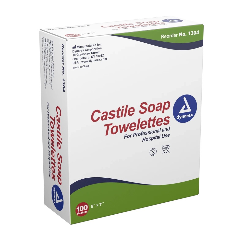 Dynarex Castile Soap Towelettes #1304, 5” x 7”, Box of 100