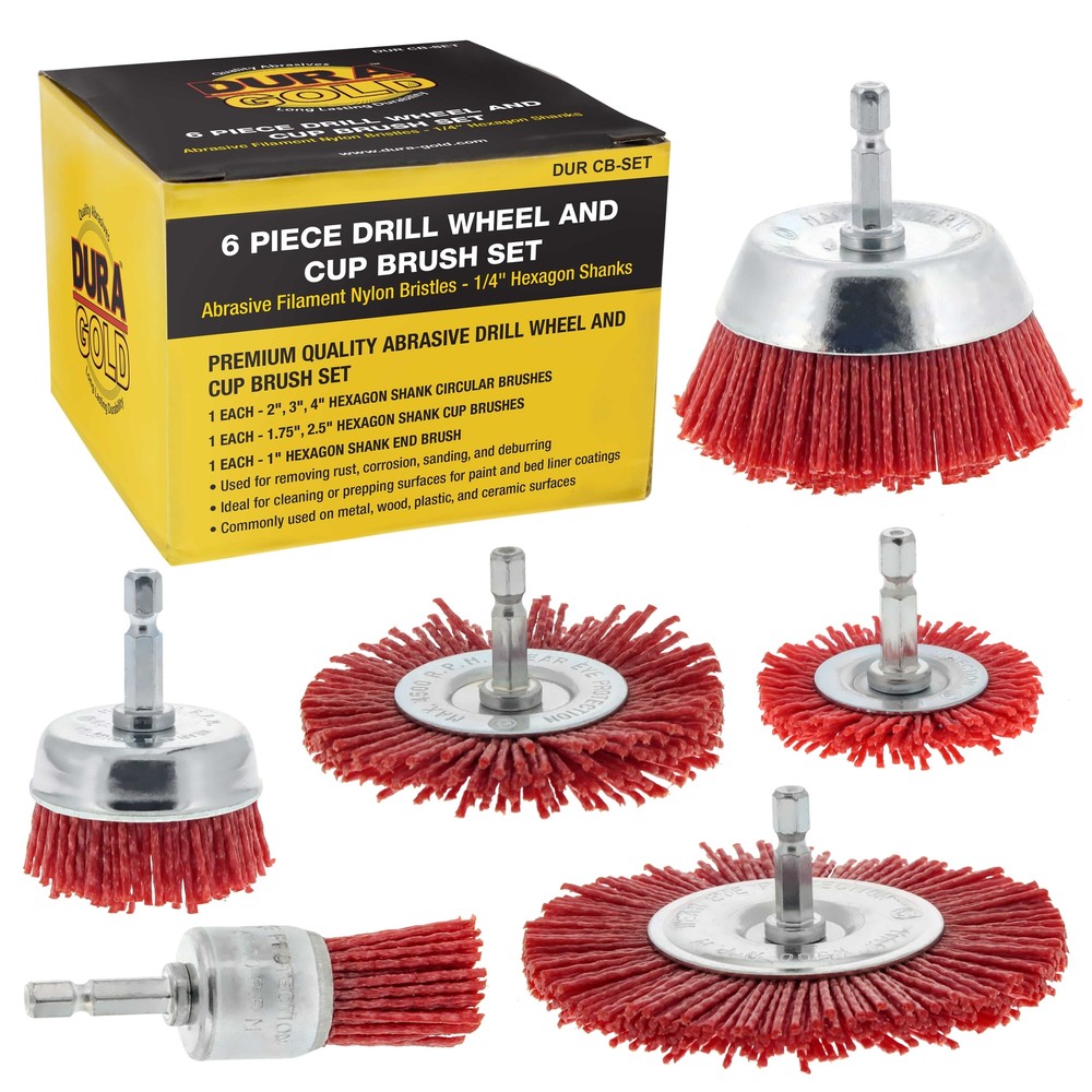 6 pc Abrasive Filament Nylon Bristle Drill Wheel and Cup Brush Set, 1/4″ Drill