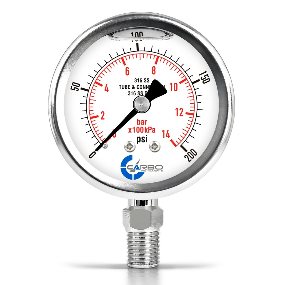 2-1/2″ Pressure Gauge, ALL STAINLESS STEEL, Liquid Filled, Lower Mnt, 200 Psi