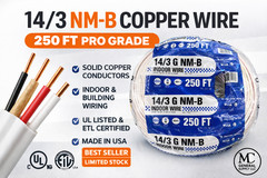 14/3 copper wire 250ft roll, different brands and colors for electricians
