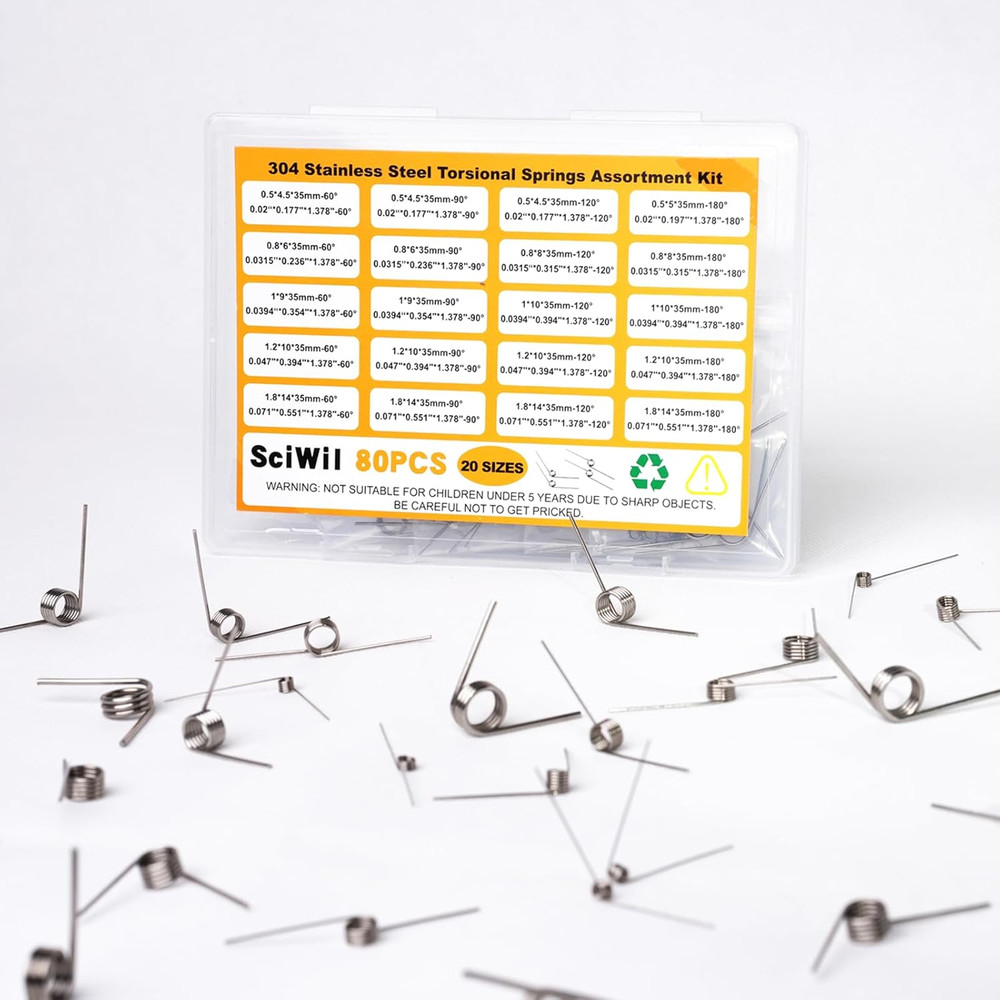 80PCS Torsion Spring Assortment Kit, 20 Sizes 60/90/120/180 Degree Small Torsion
