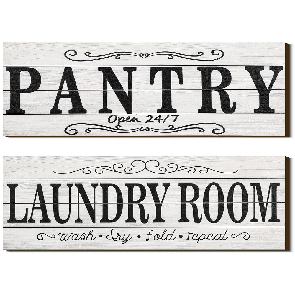 Jetec 2 Pcs Pantry Signs Wall Decor Wooden Laundry 15 x 5 x 0.3 inches, White