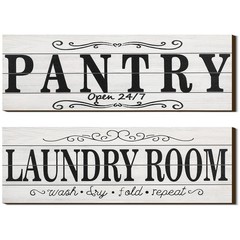 Jetec 2 Pcs Pantry Signs Wall Decor Wooden Laundry 15 x 5 x 0.3 inches, White