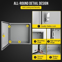 16″Lx20″Hx8″W, IP66 Steel Electrical Enclosure Box with Lock & Waterproof Seal