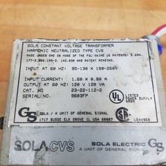 Sola 23-22-112-2 Constant Voltage Transformer, 95-130 x 190-260V In, 120V 120Va