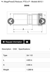 2” X 1-1/2” 26046 Viega MegaPressG Steel FTG X P Pipe Fitting Reducer 6615.1