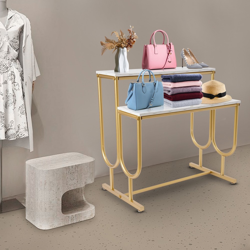 Modern Shoe Handbag Display Table, 2 Tiers Heavy Duty Display Stands White Gold
