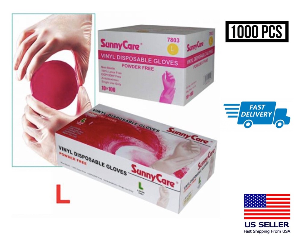 10 x 100 = 1 000 pcs Vinyl Gloves powder Free Sunnycare Size LARGE FAST SHIP
