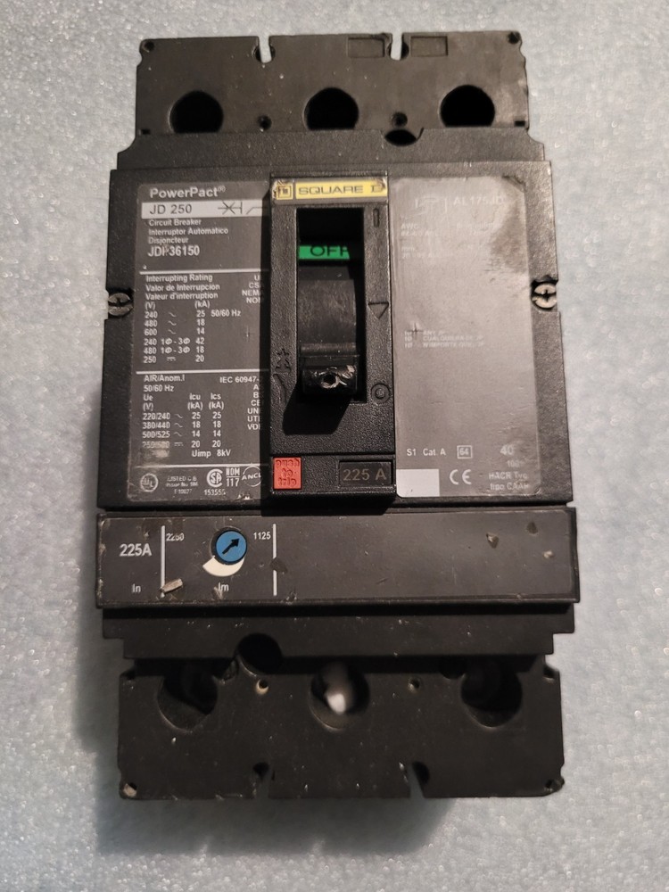 Square D JDL36225 3 Pole 225 Amp 600 Volt Molded Case Circuit Breaker