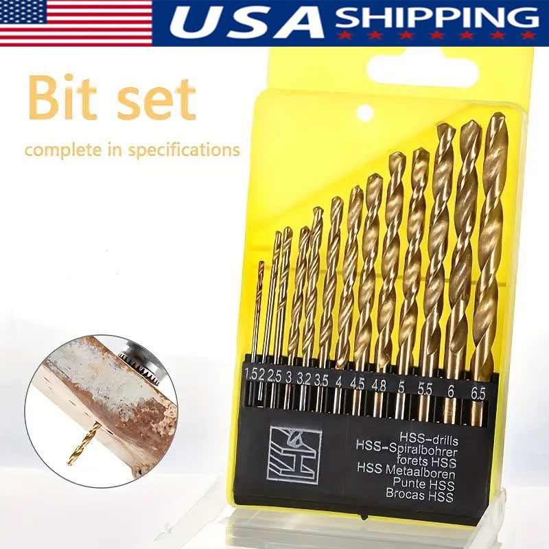 13Pcs HSS Titanium Coated Twist Drill Bit Set 1.5-6.5mm Hex Shank For wood Metal
