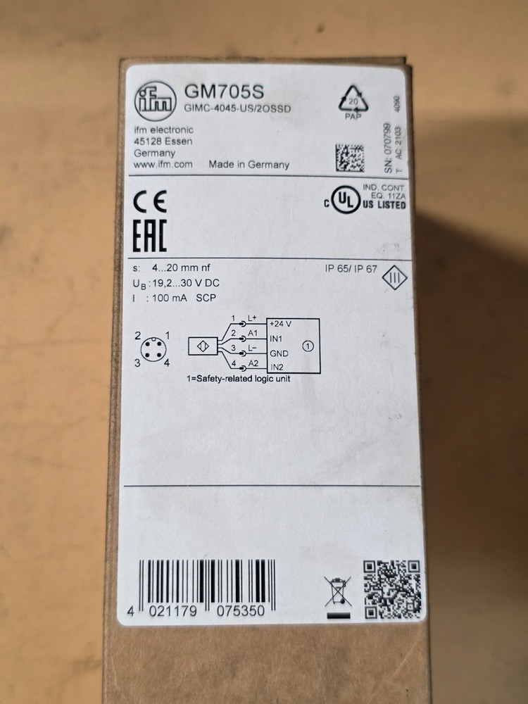 IFM GM705S Fail-Safe Inductive Sensor 19.2-30VDC 4-20mm