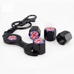 Mini Cooper Union Jack British Flag with 4pcs Tire Valve Stem Caps + Keychain Se