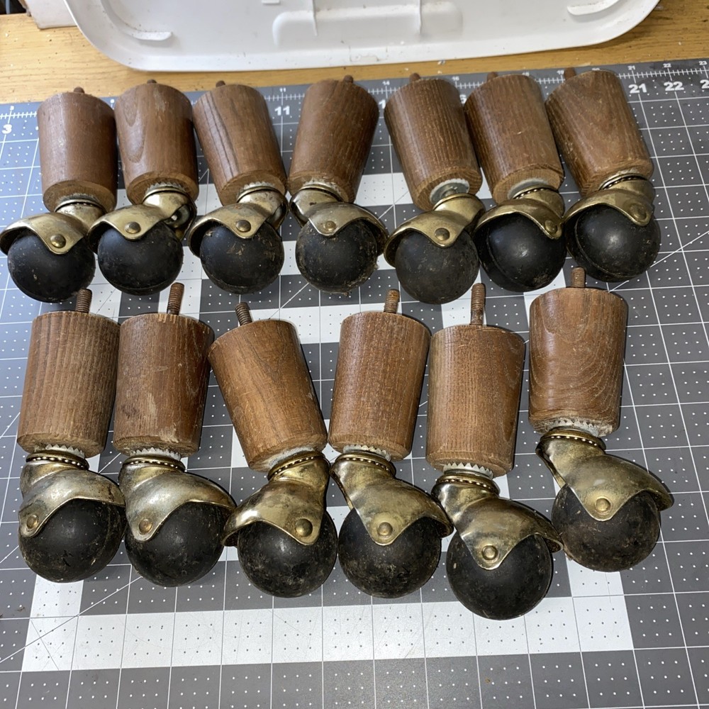 Lot of 13 Vintage Wood Leg Black Rubber Roller Ball Swivel Casters