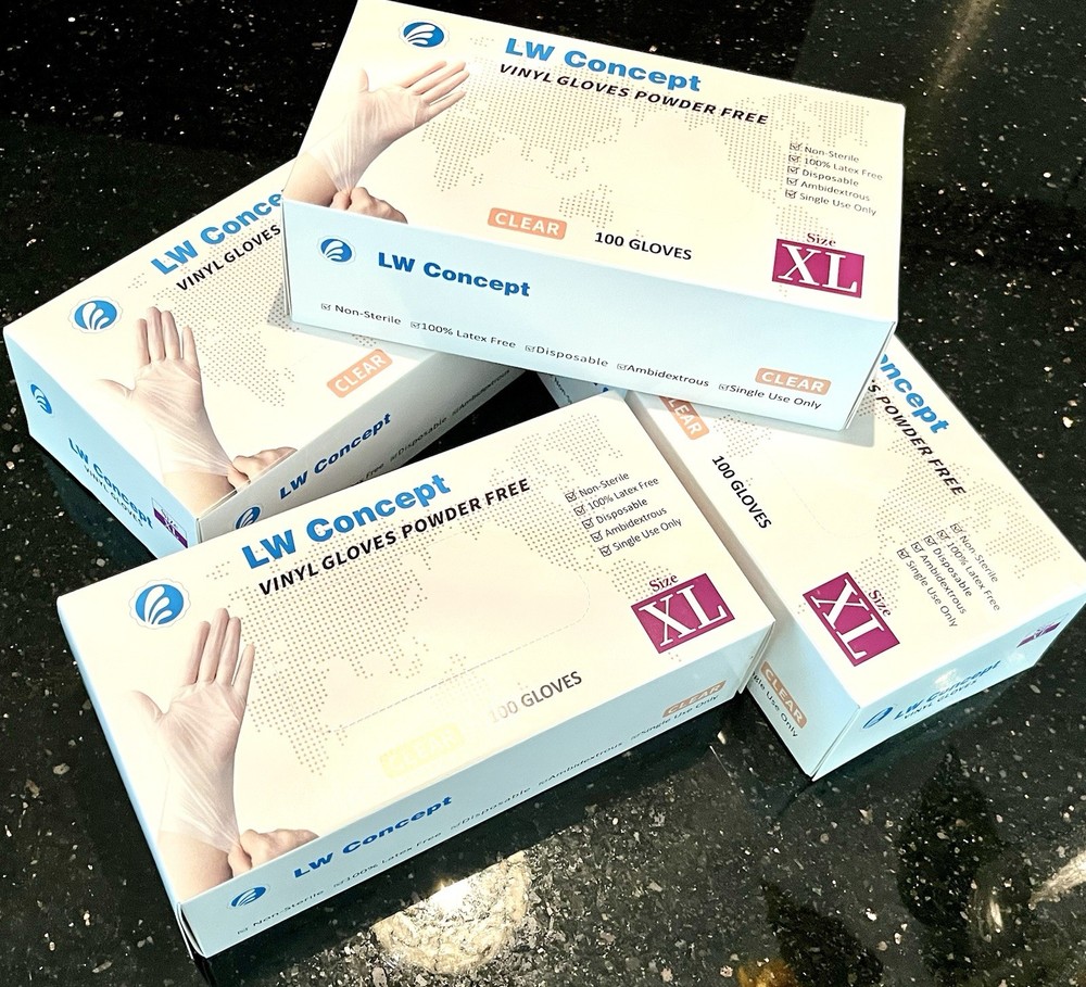 LW Concept Disposable Clear Vinyl Gloves XL 100/box Powder Free Lot of 4