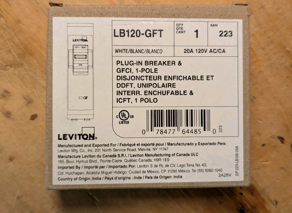 Leviton LB120-GFI 20A 1-Pole Plug-On GFI Circuit Breaker 20A 1-POLE 120V