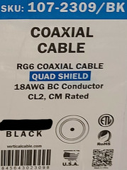 Vertical Cable RG-6Q Quad Shield BC Coaxial Satellite Video Cable Black /100ft